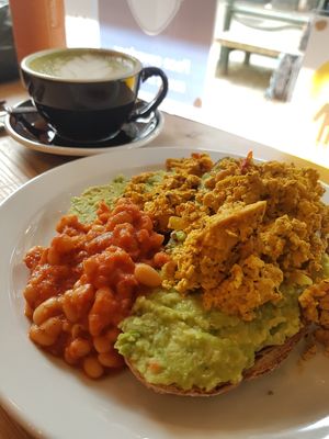 Generous portion of scramble tofu, avoca-no and home made beans at The Wildcat in Fort William