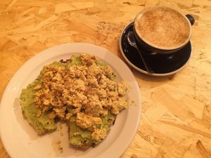 Tofu scramble and avoca-no on sourdough and a chai latte at The Wildcat in Fort William
