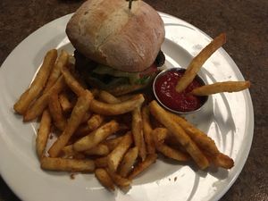 House made burger with amazing vegan cheeze.   at Ek's Grill in Kelowna