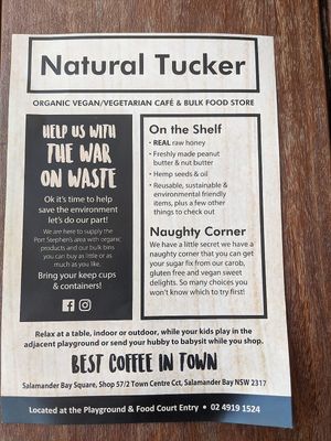 Menu at Natural Tucker in Salamander Bay
