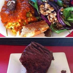 Lasagna, salad, garlic bread,and a brownie at Red Cup Coffee House in Oklahoma City