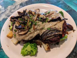 Plant-based steak and gravy at Red Cup Coffee House in Oklahoma City