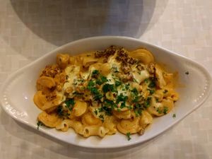 side order of chorizo mac. vegan.  at Red Cup Coffee House in Oklahoma City