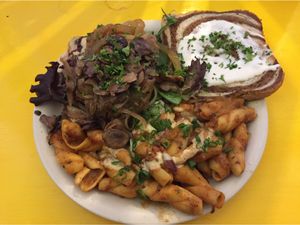 The most amazing mushroom “Swiss” veggie burger with a side of chili mac! at Red Cup Coffee House in Oklahoma City