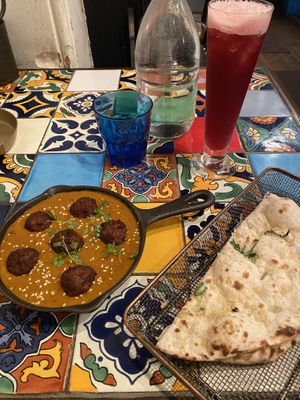 Vegan “meat” balls with Garlic Naan and a Cherry pomegranate cocktail  at Masala Theory in Surry Hills