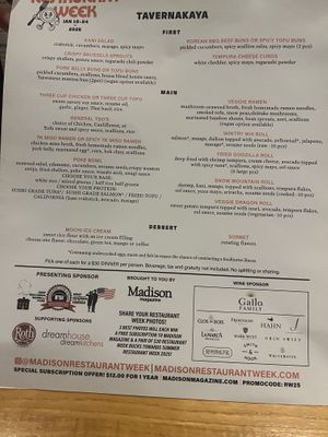 Restaurant week menu  at Tavernakaya in Madison