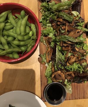 Crispy mushrooms and shishito peppers. Edamame bowl  at Tavernakaya in Madison