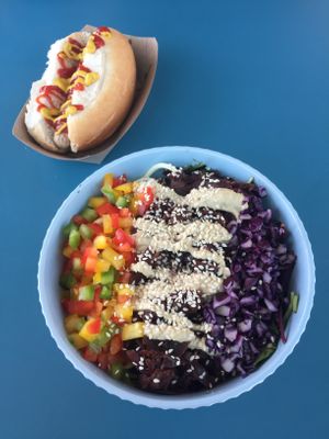 Jackfruit bowl and Hot Dog  at Earth Cafe in Cork