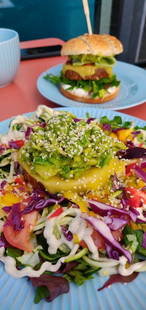 Beyond meat burger two  ways: on a salad and on a bun at Earth Cafe in Cork