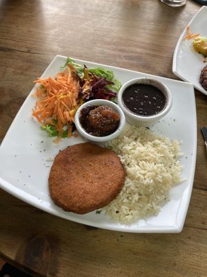 Vegan casado with falafel burger at Palmeadas in San Pedro