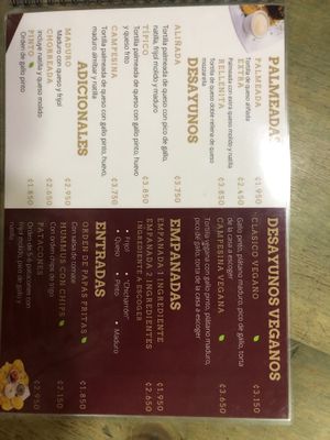 Updated menu  at Palmeadas in San Pedro