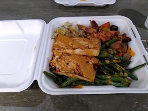Basmati rice, roasted rainbow carrots, green beans, sweet n spicy tofu, chipotle aioli at Little Beet - Midtown West in New York City