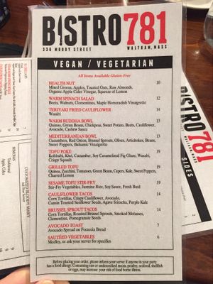 Vegan/Vegetarian Menu at Bistro 781 in Waltham