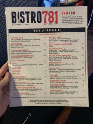 Vegan brunch menu!!! at Bistro 781 in Waltham