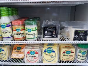Vegan cheeses at Organic Supermarket Pura Vida in Quepos