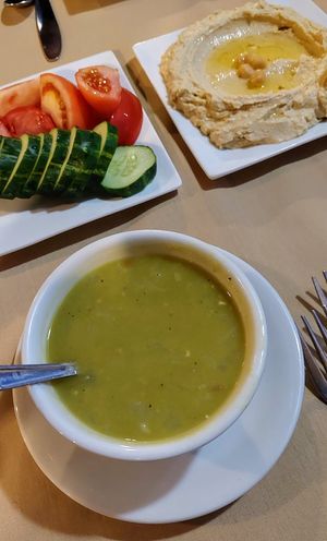 Split pea soup, hummus with veggies at Aladdin Restaurant in Allentown