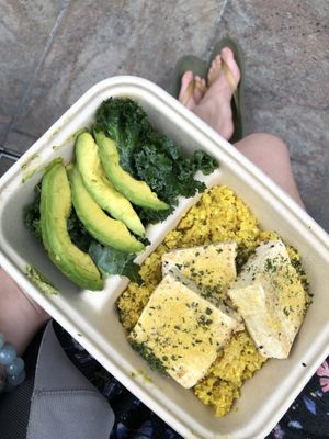 The CHOMP box with Cauliflower turmeric ‘rice’, tofu, avocado and kale  at Kale in Hong Kong Island