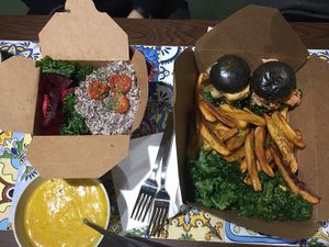 truffle quinoa risotto, sliders, plaintain fries, salad, soup  at Kale in Hong Kong Island