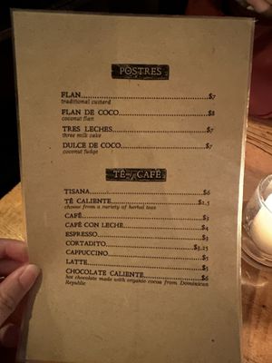 Dessert menu  at Puerto Viejo in Brooklyn