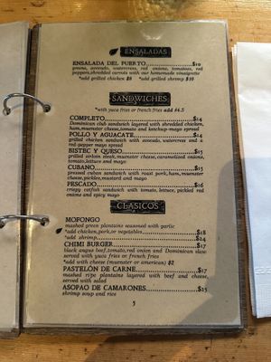 Menu  at Puerto Viejo in Brooklyn