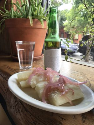 Boiled yuca with pickled onions at Puerto Viejo in Brooklyn