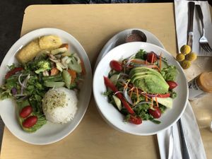 Vegan platter and avocado salad at Puerto Viejo in Brooklyn