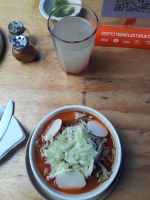 Pozole mixto y agua fresca de limón con chía at Vege Taco in Mexico City
