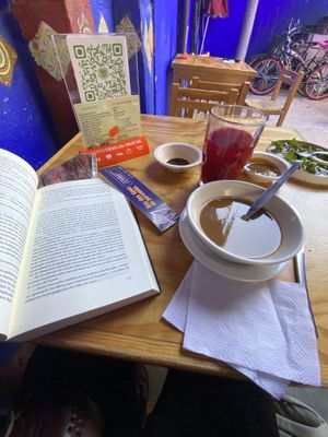 Sopita de lentejas y agua de betabel con piña  at Vege Taco in Mexico City