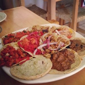 one of everything tacos, without cheese to be vegan at Vege Taco in Mexico City