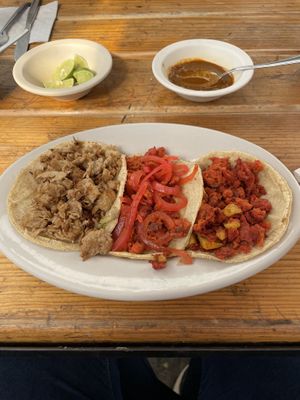 Tacos! Vegan Al Pastor, Pibil and Filete - not pictured are the cilantro and cebollas you can add al gusto  at Vege Taco in Mexico City