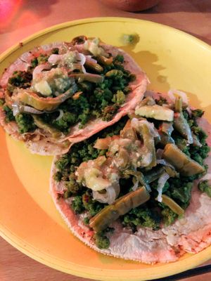 Green chorizo! LOVE THE NOPALES TOPPINGS at Don Andres Taqueria Vegana in Mexico City