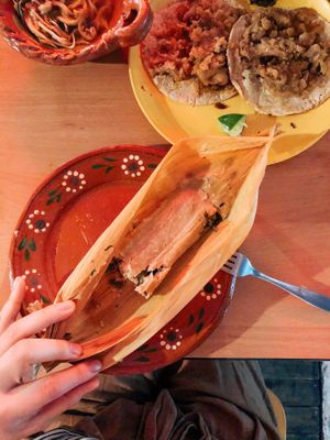 Tamal de hoja de maíz relleno con champiñones (tamale in corn husk filled with mushrooms) SO YUM OMG at Don Andres Taqueria Vegana in Mexico City