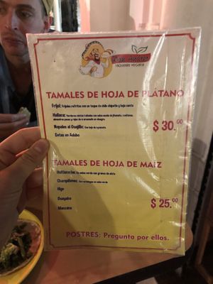 Menú! Top is banana leaf tamales, bottom is corn husk.  at Don Andres Taqueria Vegana in Mexico City