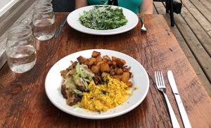 Vegan perogies and "eggs" platter and vegetarian kale Caesar salad at Humble Roots Cafe in Maple Ridge