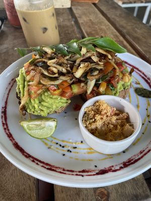 Avo toast with mushrooms and tomatoes   at Shady Lane in Mirissa