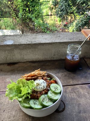 nacho bowl + iced americano  at Shady Lane in Mirissa