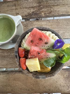 Mango Smoothie bowl & matcha with soy milk   at Shady Lane in Mirissa