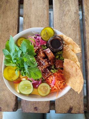 teriyaki tofu bowl at Shady Lane in Mirissa