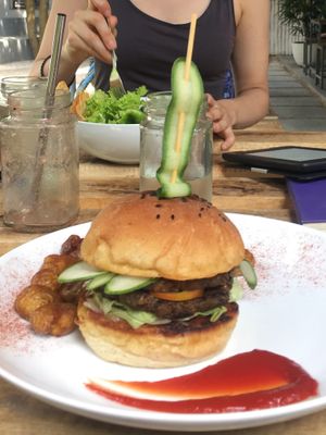 Top notch banana flower burger. So good!  at Shady Lane in Mirissa