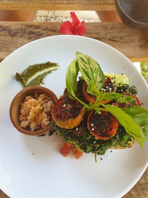 Avo toast with tomatoes and spinach and coconut sambol at Shady Lane in Mirissa