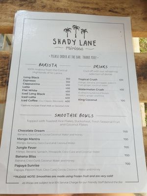 Menu at Shady Lane in Mirissa
