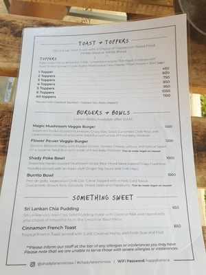 Menu at Shady Lane in Mirissa