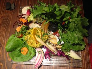 "Cru et Vivant" - dish of raw fruits and vegetables with a delicious poppy seed "nut butter" at Toutes Les Couleurs in Lyon