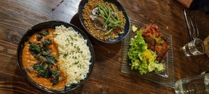 The three main dishes:
maffé (peanut stew)
lasagna 
grain "risotto" at Toutes Les Couleurs in Lyon