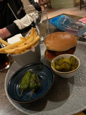 Vegan burger and fries  at The Lion Hotel in Dartford