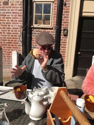 My dad loving his vegan burger!!!   at The Lion Hotel in Dartford