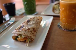 Halloumi and tomato and salad wrap  at Juicy in Lisbon