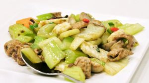 Celery, mock prawn and beef at Three Virtues 三德食品 - North Point in Hong Kong Island