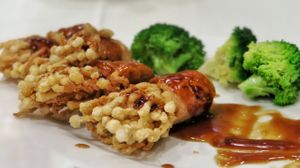 Crammed Enoki Ham wrap with delicious sweet sticky sauce at Three Virtues 三德食品 - North Point in Hong Kong Island