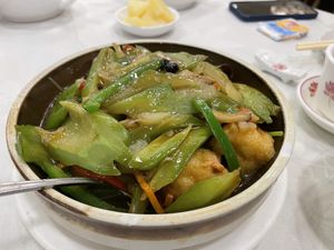 Tofu puffs, bitter gourd and green pepper in black bean sauce - yummy. Recommended if you like bitter gourd   at Three Virtues 三德食品 - North Point in Hong Kong Island